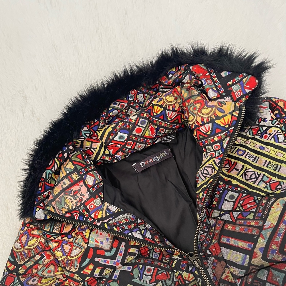 🤑 SALE Desigual Ombré Black Multi Fur trim Stained Glass Puffer Coat - Picture 6 of 14
